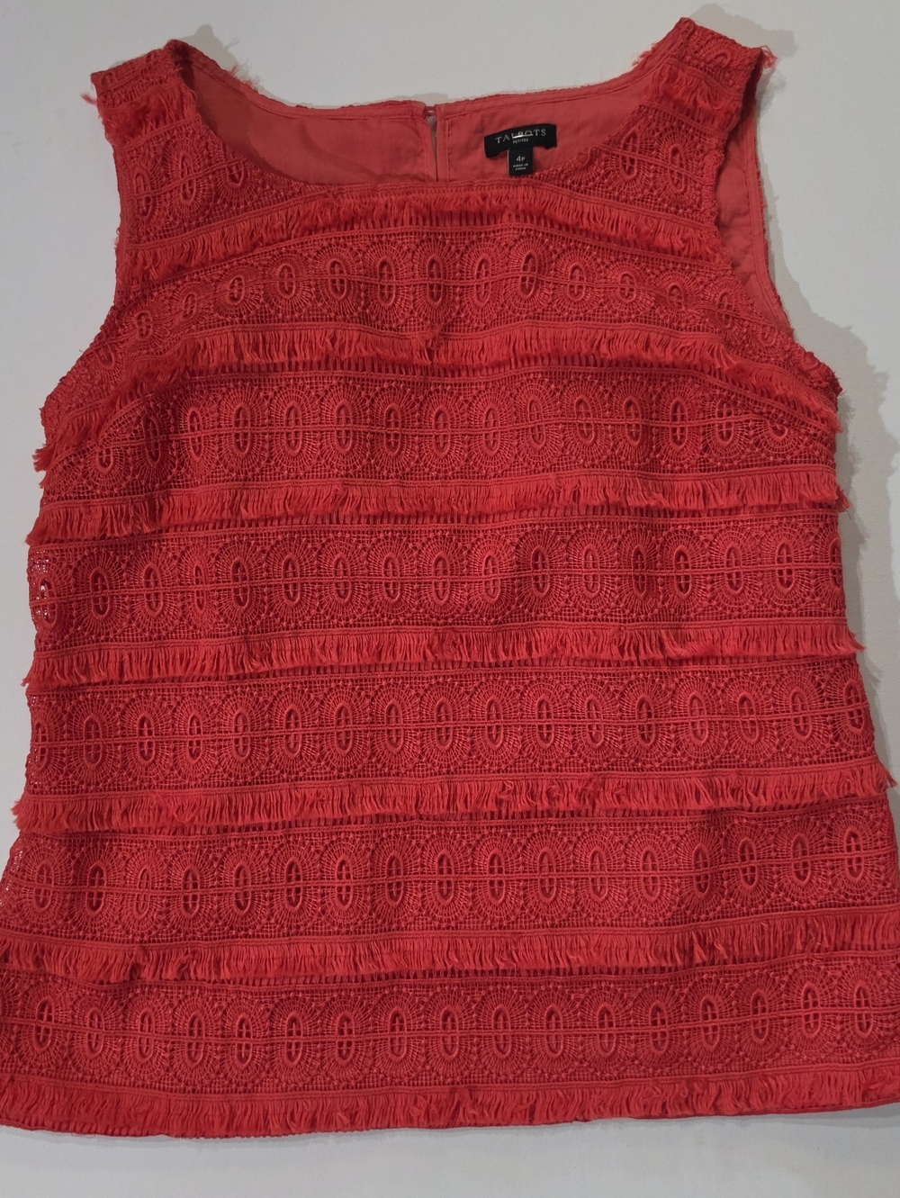 Talbots Blouse Womens Size 4 Petite Pink Tiered Eyelet Lace Fringe Trim Feminine